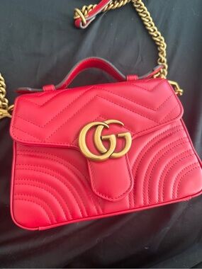 Gucci Matelasse Leather GG Marmont Mini Top Handle Bag. Red